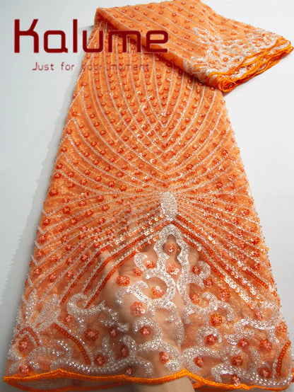 Kalume Lace 2025 African Beaded Tulle Lace Fabric Soft High Quality Mesh Net Lace Fabric with Sequins For Sewing Wedding F4500