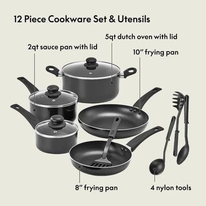 bella Cookware Set 12 Piece Pots andPans Utensils Nonstick PFOA Free Scratch Resistant Cooking Surface Compatible Nylon Aluminum