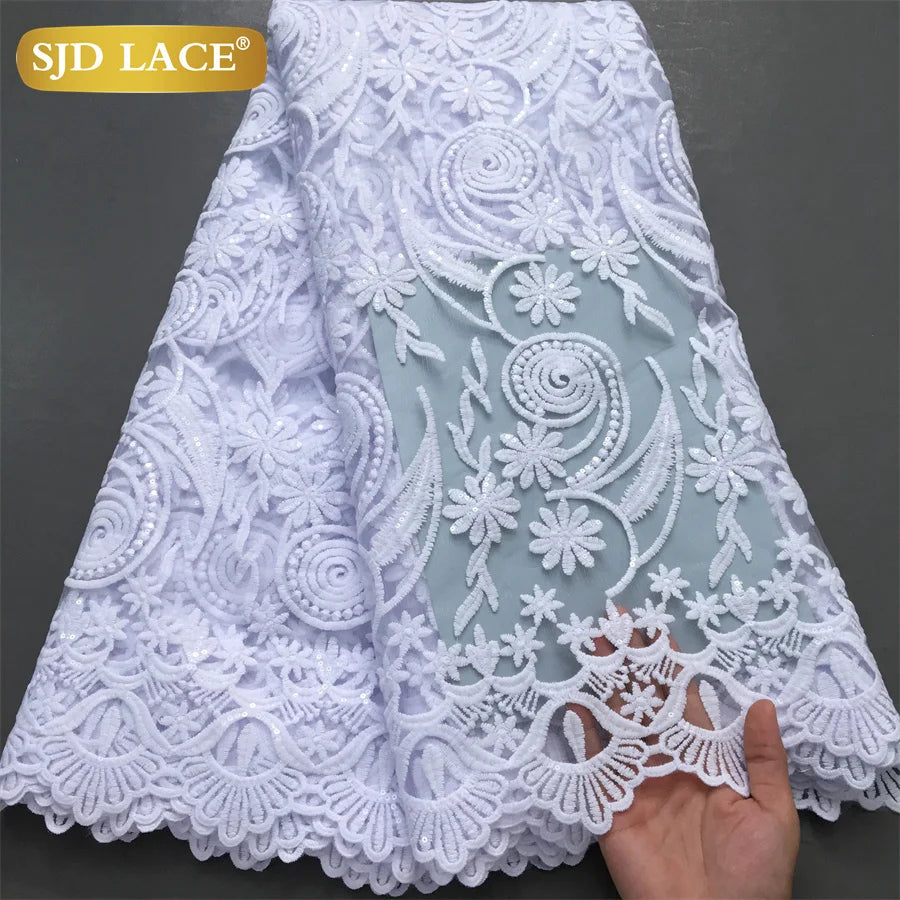 SJD LACE African Milk Silk Lace Fabric 2025 High Quality Nigerian White Mesh Embroidery Lace for Sewing Women Wedding Dress 4043