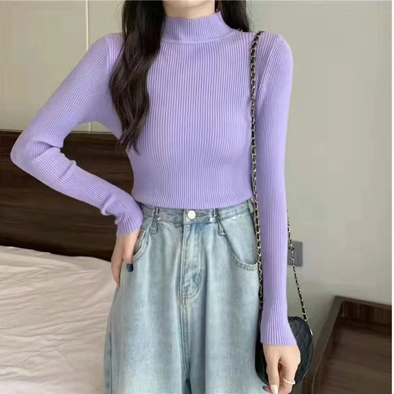 ITOOLIN Women Underwear Sweater Slim Long Sleeve Warm Knit Pullovers Elegant Solid Jumpers For Women 2023 Autumn Winter