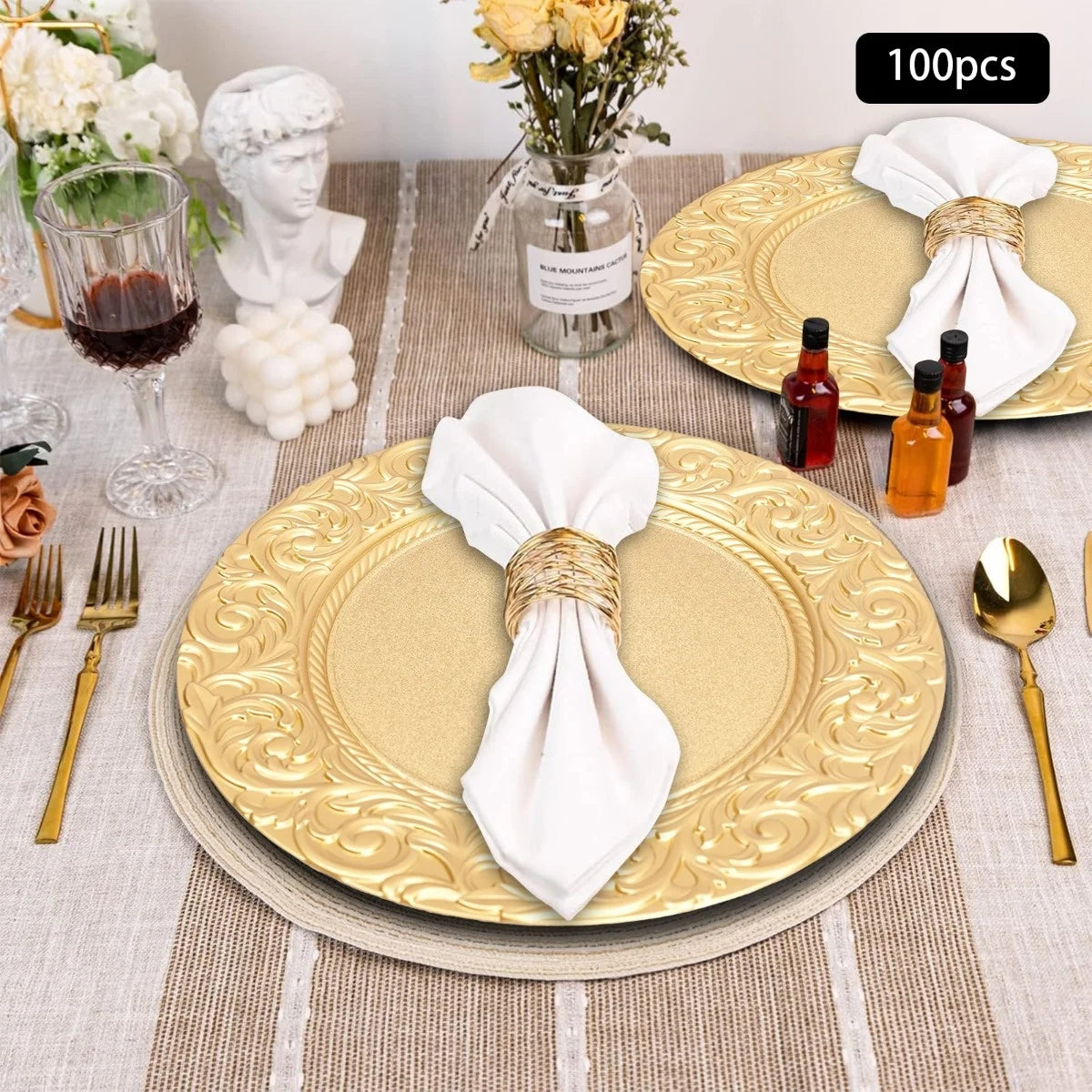 100 Pieces PP Round Charger Plates Set - Reusable Serving Plates Sturdy Durable Lightweight - Home Wedding Family Gatherings