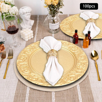 100 Pieces PP Round Charger Plates Set - Reusable Serving Plates Sturdy Durable Lightweight - Home Wedding Family Gatherings