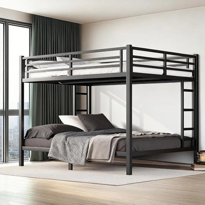 Queen Over Queen Bunk Bed Frame, Heavy Duty Metal Loft Bed for Adults/Teens, 400/600LB Capacity w/Ladder & Guardrail, Noise-Free