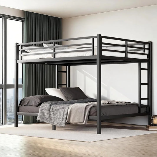 Queen Over Queen Bunk Bed Frame, Heavy Duty Metal Loft Bed for Adults/Teens, 400/600LB Capacity w/Ladder & Guardrail, Noise-Free