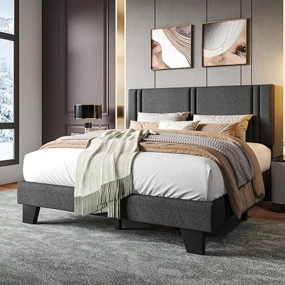 Upholstered Queen Size Bed Frame with Linen Fabric Headboard, Strong Wooden Slats Support, Noise Free, No Box Spring,Customized