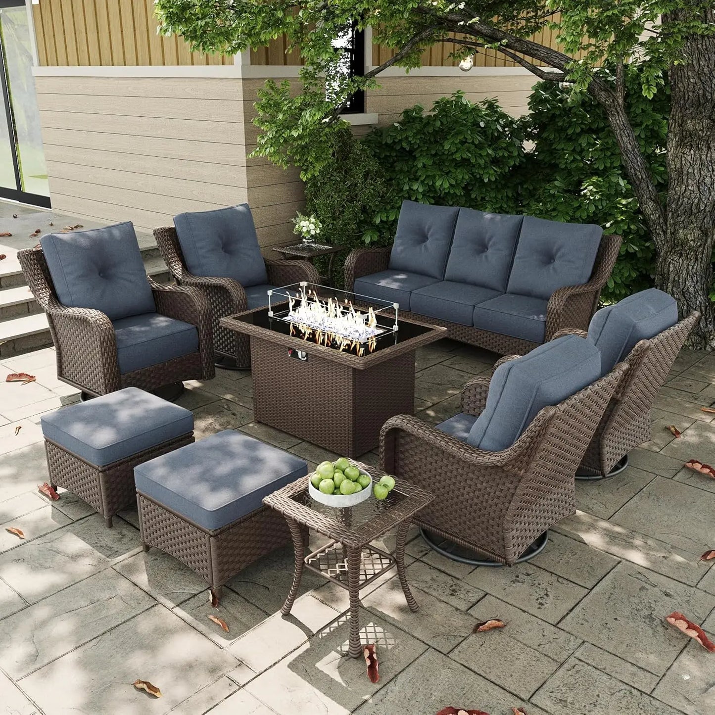 10 Pieces Outdoor Patio Furniture Sets with Rocking Swivel Chairs with 6-inch Thick Cushion and Fire Pit Table for, Customized