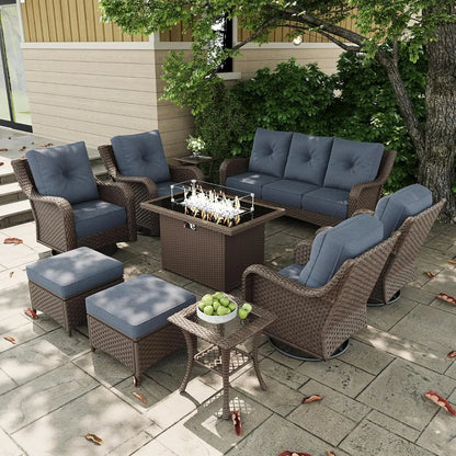 10 Pieces Outdoor Patio Furniture Sets with Rocking Swivel Chairs with 6-inch Thick Cushion and Fire Pit Table for, Customized