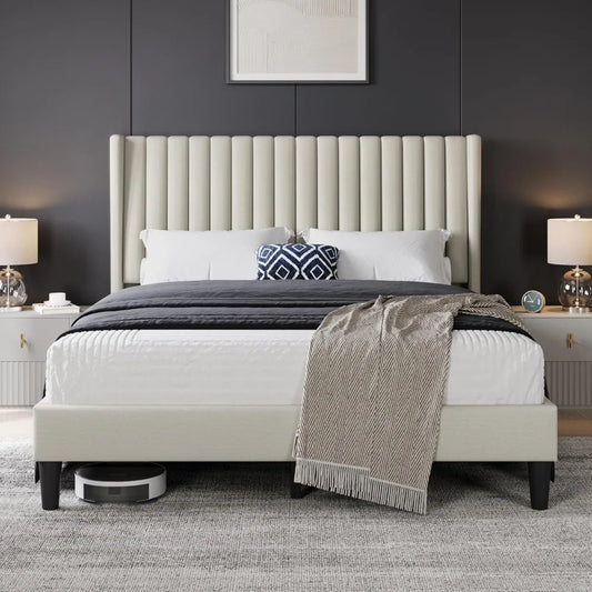 Queen Upholstered Platform Bed - Fabric Headboard with Wing Edge Design | Wooden Slats Support, Non-Slip & Noise-Free
