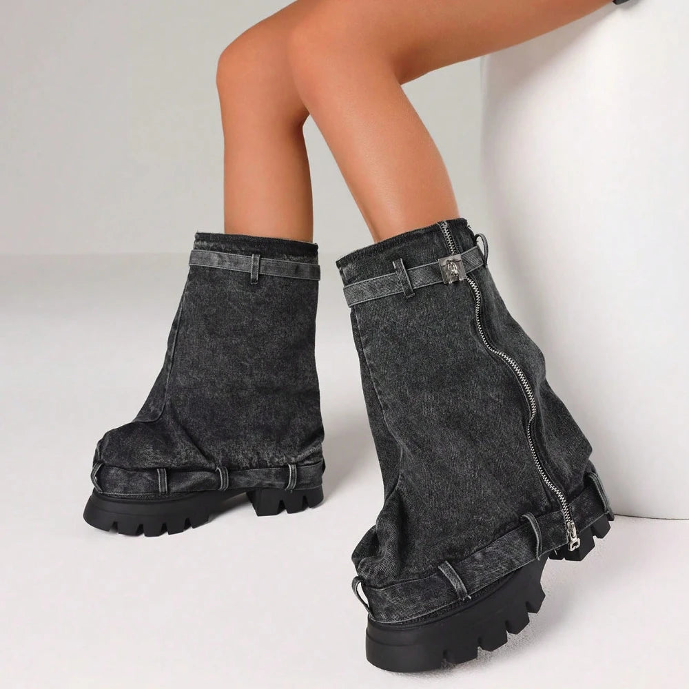 Women'S Y2K Slouchy Fold Over Shark Boots Fashion Punk Side Zipper Platform Chunky Heels Pull On Casual Party Boots Woman