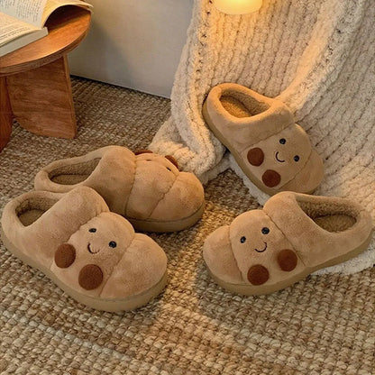 Fun Croissant Bread Cotton Slippers for Men and Women, Winter Couple Home Use, Thick-Soled Non-Slip Home Slippers for Women