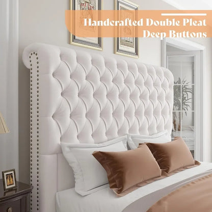 King Size Bed Frame 60" Tall Sleigh Headboard Bed with Velvet Upholstered Platform, No Box Spring Needed
