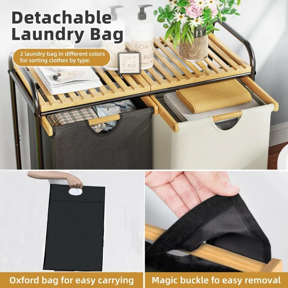 Dual-Section Laundry Sorter with Removable Shelf and Pull-Out Bags, Rolling Clothes Hampers on Wheels Basket