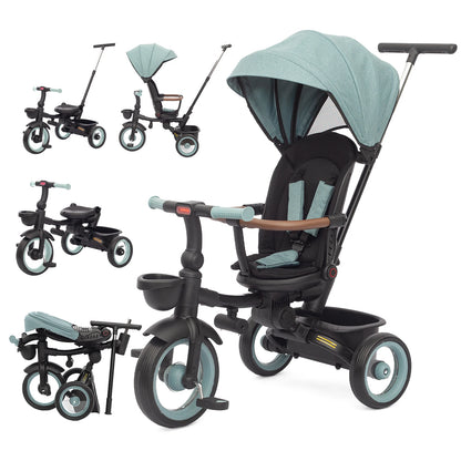 Baby Tricycle,7 in 1 Foldable Trike for Kids age 6M+ to 5 Years,Headlights.1-Step Brake Folding Pedal, Extended Canopy