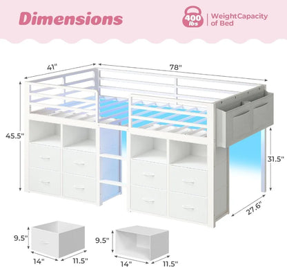 Low Loft Bed Twin Size with Storage Drawers, Bookcase, LED Lights, Safety Guardrail, Under-Bed Play Space