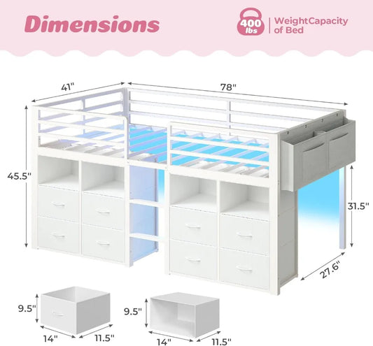 Low Loft Bed Twin Size with Storage Drawers, Bookcase, LED Lights, Safety Guardrail, Under-Bed Play Space