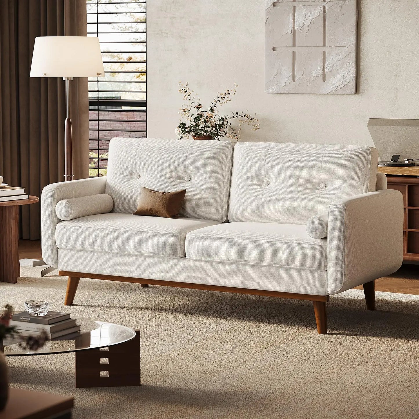 65" Mid Century Modern Couch Sofa Loveseat, Comfy Love Seat Couches for Living Room, 2 Seater Linen Upholstered Deep Seat Couch