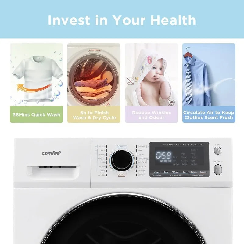 COMFEE’ 24"Washer and Dryer Combo 2.7cu.ft 26lbs Washing Machine Steam Care, Overnight Dry, No Shaking Front Load Full-Automatic