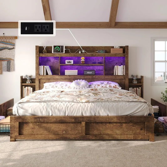 King Bed Frame with 49.6 Bookcase Headboard & 2 Bedside Stoage Racks & 4 Drawers, Farmhouse Wood Bed Frame with RGB LED & Chargi