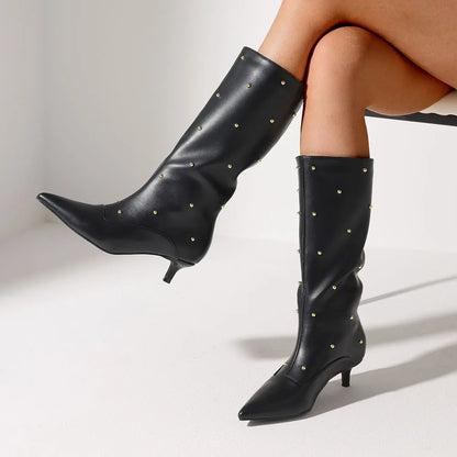 Fashion Women Mid Calf Boots Point Toe Kitten Med Heels Rivet Metal Decor Women's Wide Calf Boots Trend 2025 Designer Ins Hot Sh