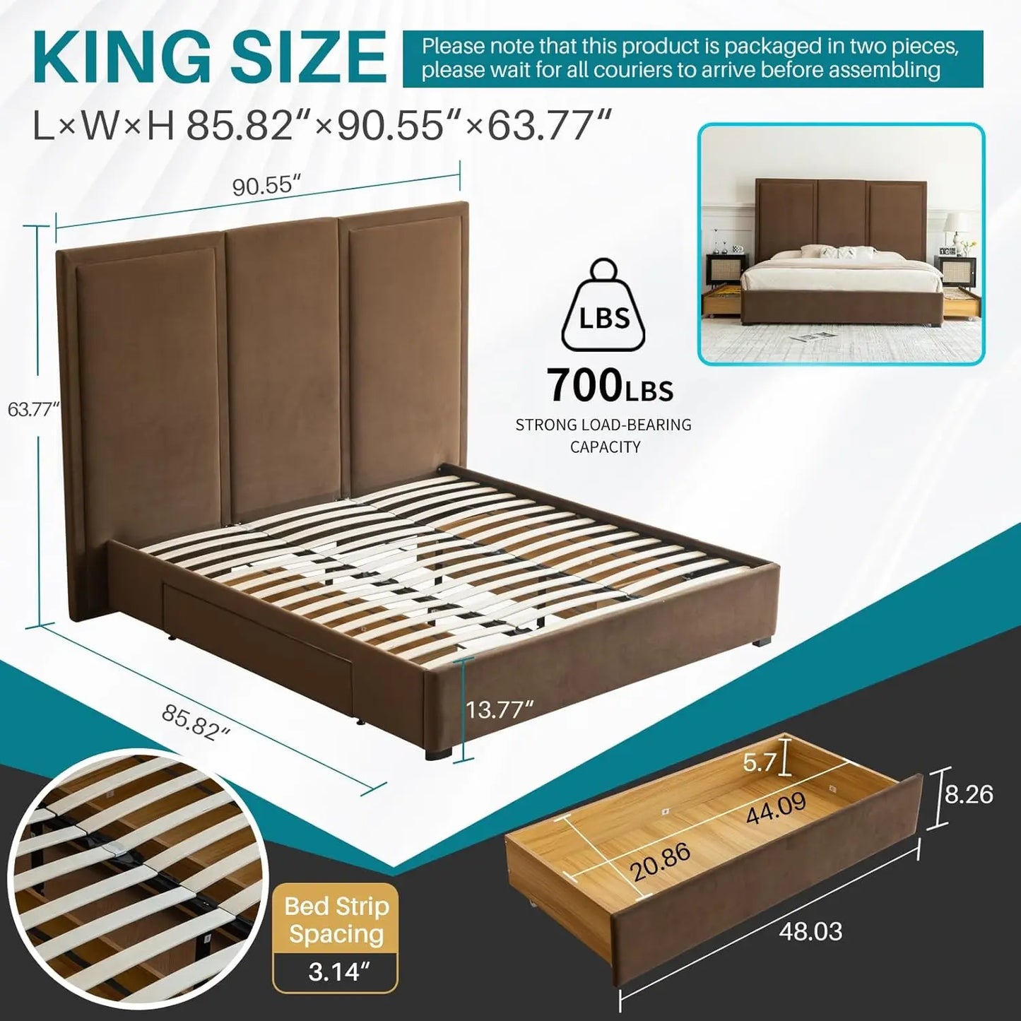 King Size Bed Frame with 64-inch High Headboard, Simple and Airy Linen Upholstered Platform Bed with Storage, Customized