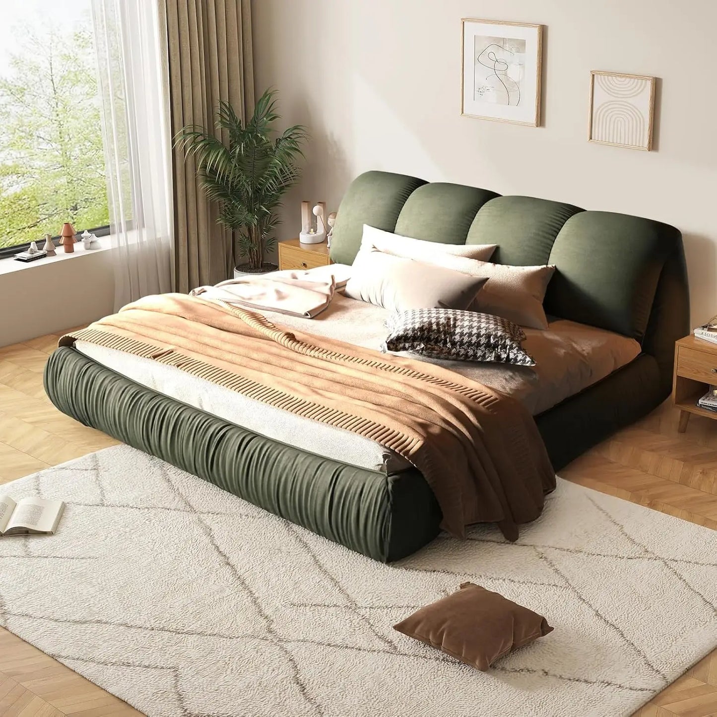 King Size Luxury Upholstered Cloud Bed Frame – Solid Wood Modern Platform Bed with Oversized Padded Backrest &, Customized
