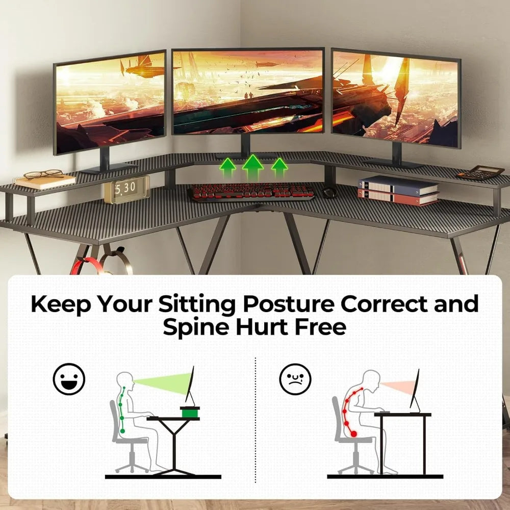 SEVEN WARRIOR L Shaped Gaming Desk with LED Lights & Power Outlets, 50.4” Computer Desk with Monitor Stand, Corner Desk with Car