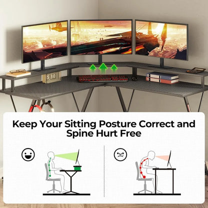 SEVEN WARRIOR L Shaped Gaming Desk with LED Lights & Power Outlets, 50.4” Computer Desk with Monitor Stand, Corner Desk with Car