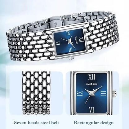 LIGE Silver Watch for Women Square Ladies Quartz Wristwatches Stainless Steel Women Small Gold Watch Luxury Casual Fashion Watch