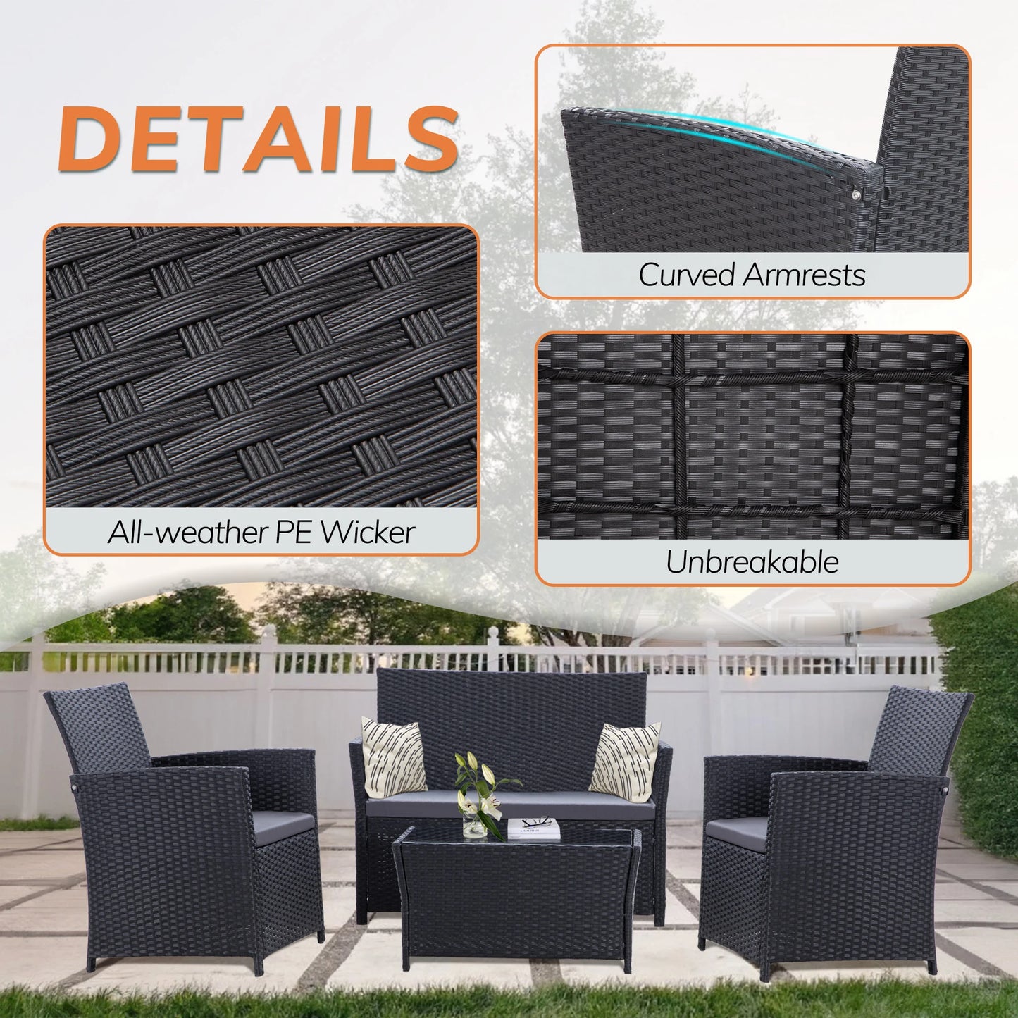 4 Piece Patio Furniture Set, Outdoor Wicker Conversation Sets, Rattan Sectional Sofa Couch with Coffee Table & Seat Cushions for