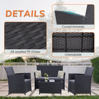 4 Piece Patio Furniture Set, Outdoor Wicker Conversation Sets, Rattan Sectional Sofa Couch with Coffee Table & Seat Cushions for