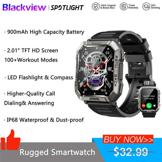 Blackview New Smart Watch 2.01'' HD Display Outdoor Men's Watches with Emergency Lighting Bluetooth Call Waterproof Smartwatch