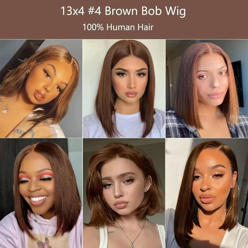 220 Density Full Frontal 13x4 HD Transparent Lace #4 Chocolate Brown Straight Short Bob Wig Human Hair Wigs Pre Plucked Wig