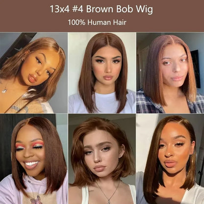 220 Density Full Frontal 13x4 HD Transparent Lace #4 Chocolate Brown Straight Short Bob Wig Human Hair Wigs Pre Plucked Wig