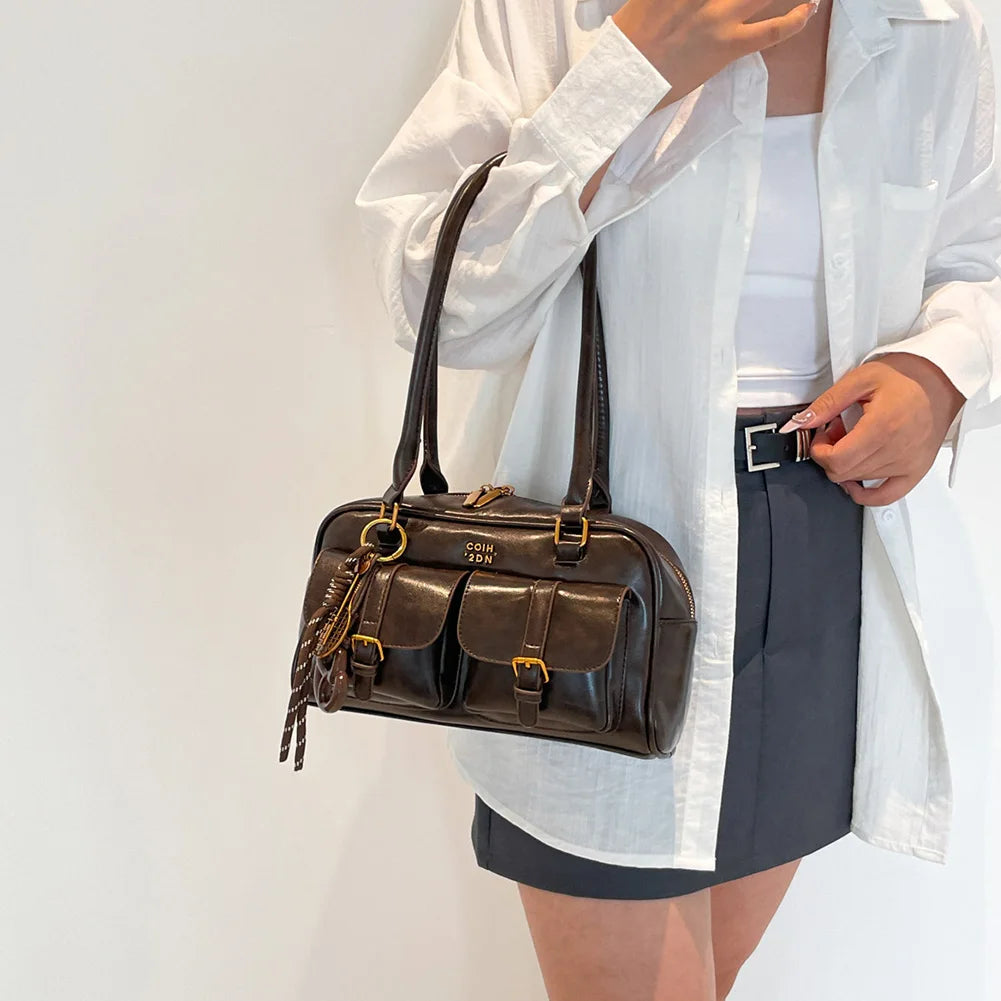 Women Multi Pockets Shoulder Bag with Pendant Retro Underarm Bag Vintage Armpit Bag Travel Shopping Date Handbag