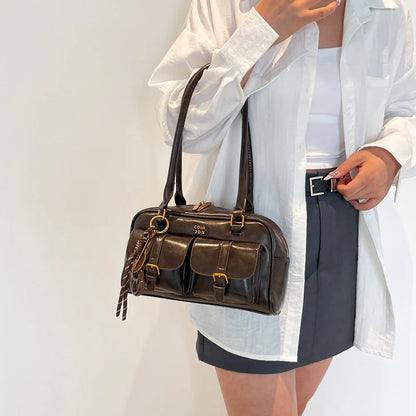 Women Multi Pockets Shoulder Bag with Pendant Retro Underarm Bag Vintage Armpit Bag Travel Shopping Date Handbag