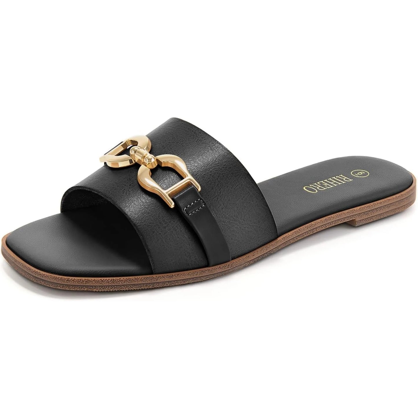 Women's Flat Sandals Summer Comfortable Square Open Toe Slip On Leather Slide Sandals