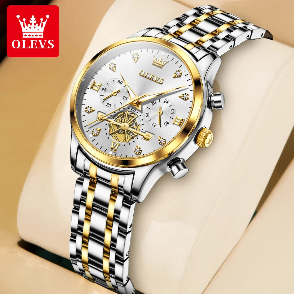 OLEVS Flywheel Skeleton Women Quartz Watch Stainless steel Chronograph Waterproof Luminous Ladies Bracelet Watch for Women Set