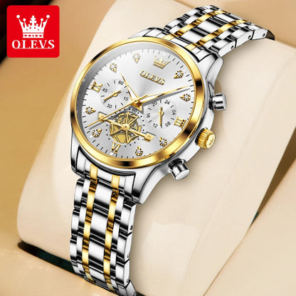 OLEVS Flywheel Skeleton Women Quartz Watch Stainless steel Chronograph Waterproof Luminous Ladies Bracelet Watch for Women Set