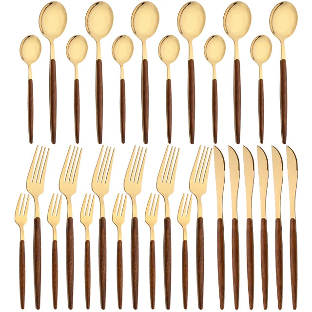16/24/36Pcs Dinnerware Set Stainless Steel Imitation Wooden Handle Clamp Western Knife Fork Spoon Cutlery Tableware Silverware