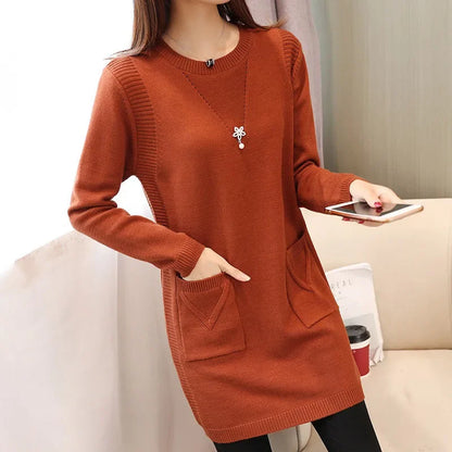 2024 New Style Korean Version Loose-Fit Medium-Length Knit Base Layer Top Women's Pullover Sweater Skirt Fleece-Lined Thickened