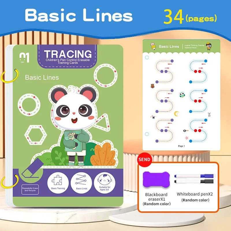 34-Page Children's Reusable Workbook Set with Erasable Pen - Early Learning of Writing and Drawing Skills Development, Educational Books for Pen Control Training, Innovative Learning - Perfect Choice for Christmas and Birthda