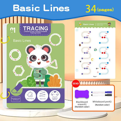 34-Page Children's Reusable Workbook Set with Erasable Pen - Early Learning of Writing and Drawing Skills Development, Educational Books for Pen Control Training, Innovative Learning - Perfect Choice for Christmas and Birthda