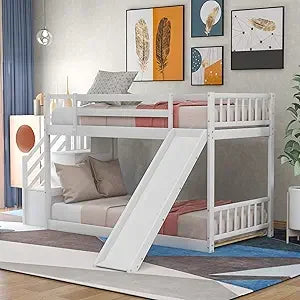 SOFTSEA Twin Over Twin Low Bunk Beds with Slide and Stairs, No Box Spring Needed