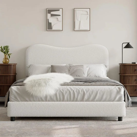 senfot white boucle bed frame with upholstered headboard, soft low profile sturdy platform bed with rounded corners design