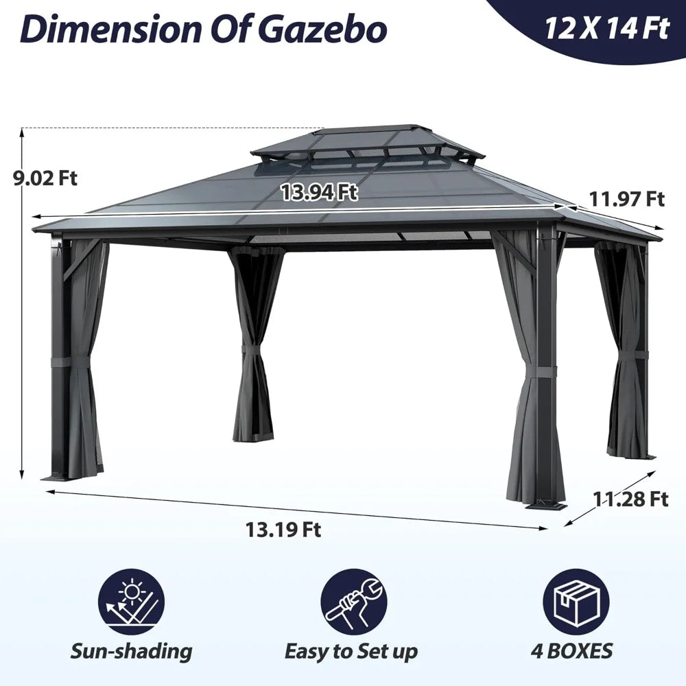 12' x 14' Hardtop Gazebo with Double Polycarbonate Roof, Metal Frame, Netting & Curtains for Outdoor Garden Patio