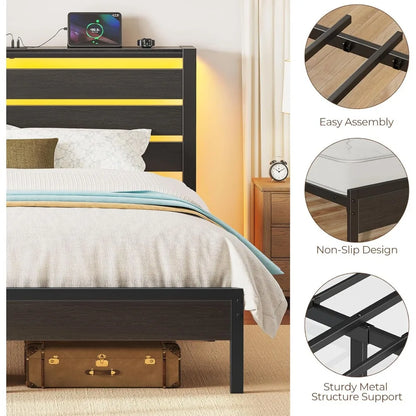 Rolanstar Bed Frame Twin Size with USB Charging Station, LED Bed Frame with Wood Storage Headboard, Black Metal Platform Bed wit