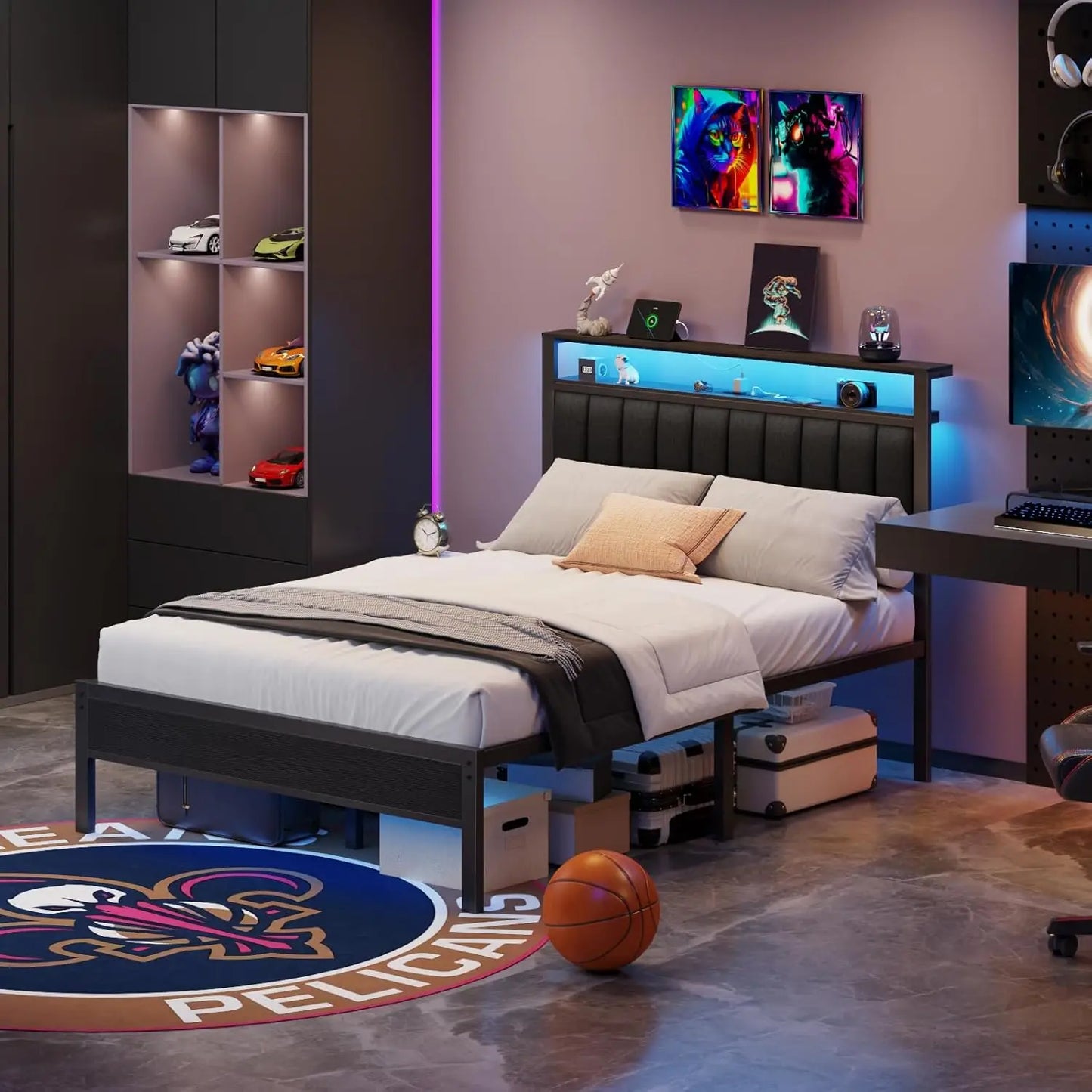 Queen Size Bed Frame with Charging Station and LED Lights, Platform Bed with Metal Slats, Grey Upholstered Headboard