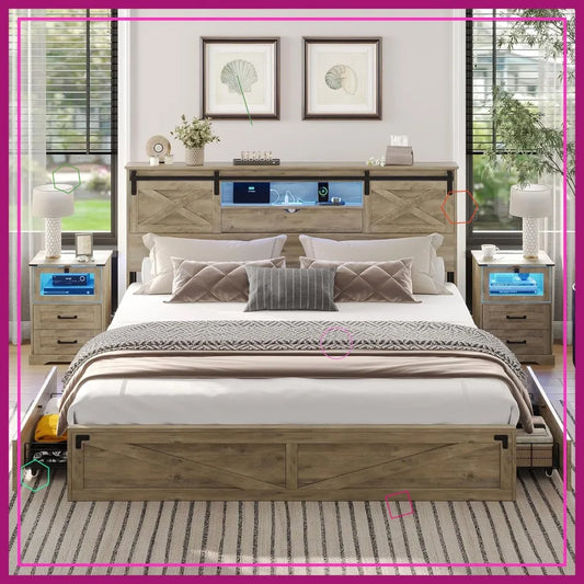 California King Bed Frame with Storage Headboard, LED Lights, Charging Station & Drawers - Rustic Farmhouse Design
