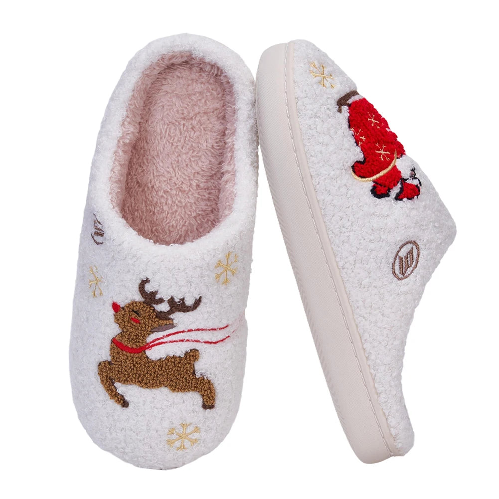 Santa Claus Elk Christmas Plush Slippers Comfortable Thermal Couple Slippers Non-Slip Fuzzy Closed Toe Slippers for Men Women