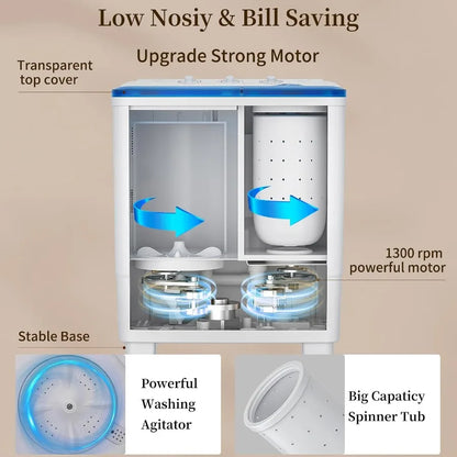Portable Twin Tub Washing Machine with 20lbs Total Capacity: 12Lbs Washer and 8Lbs Spinner Dryer for Compact Laundry Solutions